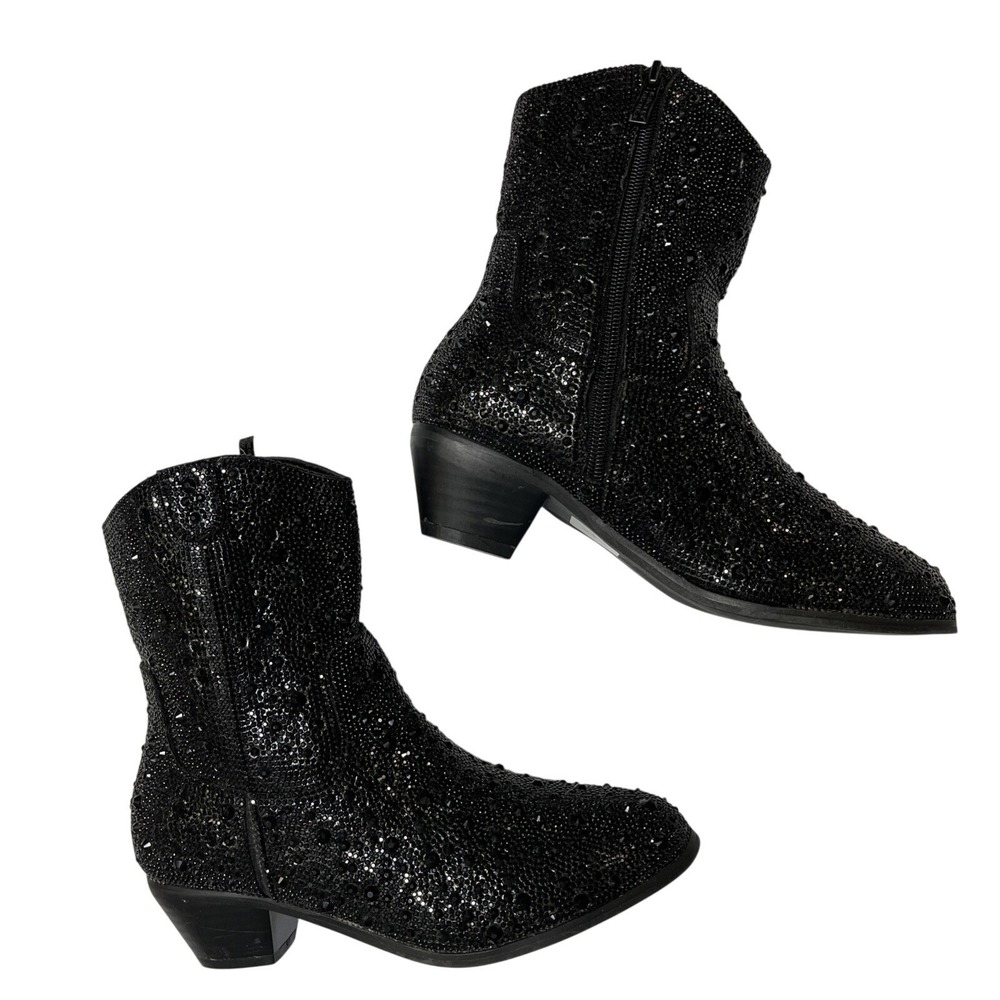 Badgley Mischka Black Sequin Boots Womens 4 Ankle Size Zip Glam Sparkle Chic